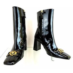 VERSACE BLACK PATENT LEATHER GOLD MEDUSA MEDALLION ZIP HEEL ANKLE BOOTS 36
